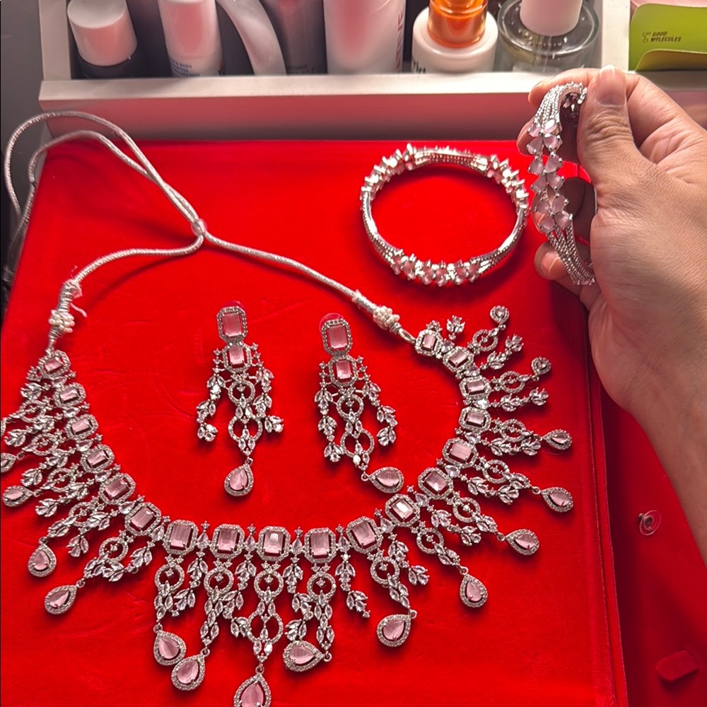 Elegant Silver and Pink Jewelry Set